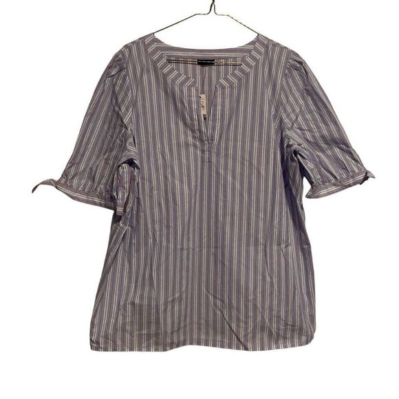 NWT Talbots Striped Split Neck Poplin Tie Sleeve Cotton Blouse Top Size 1XP - Picture 1 of 8